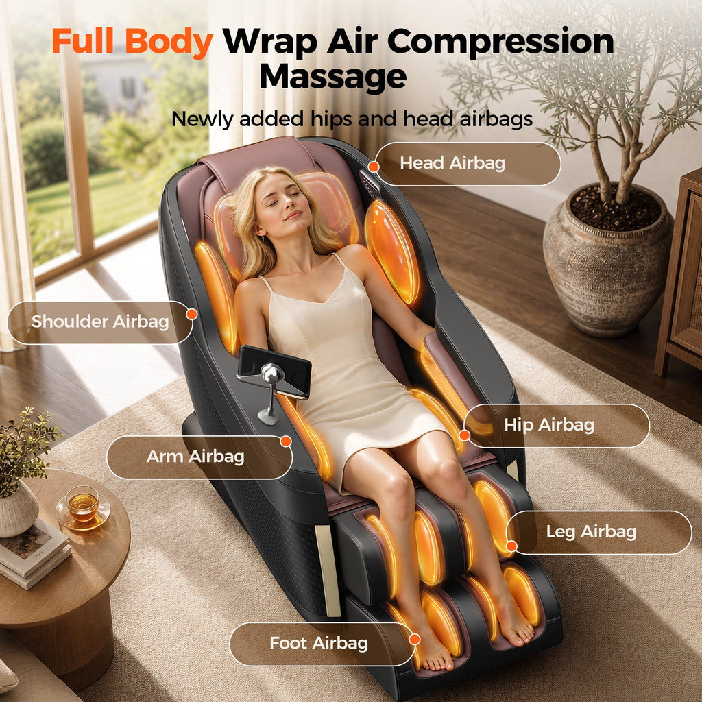4D Massage Chair Full Body, Zero Gravity Massage Chair with Heat and Foot Massage with Airbags, Kneading, Bluetooth, LCD Touch Control - Brown