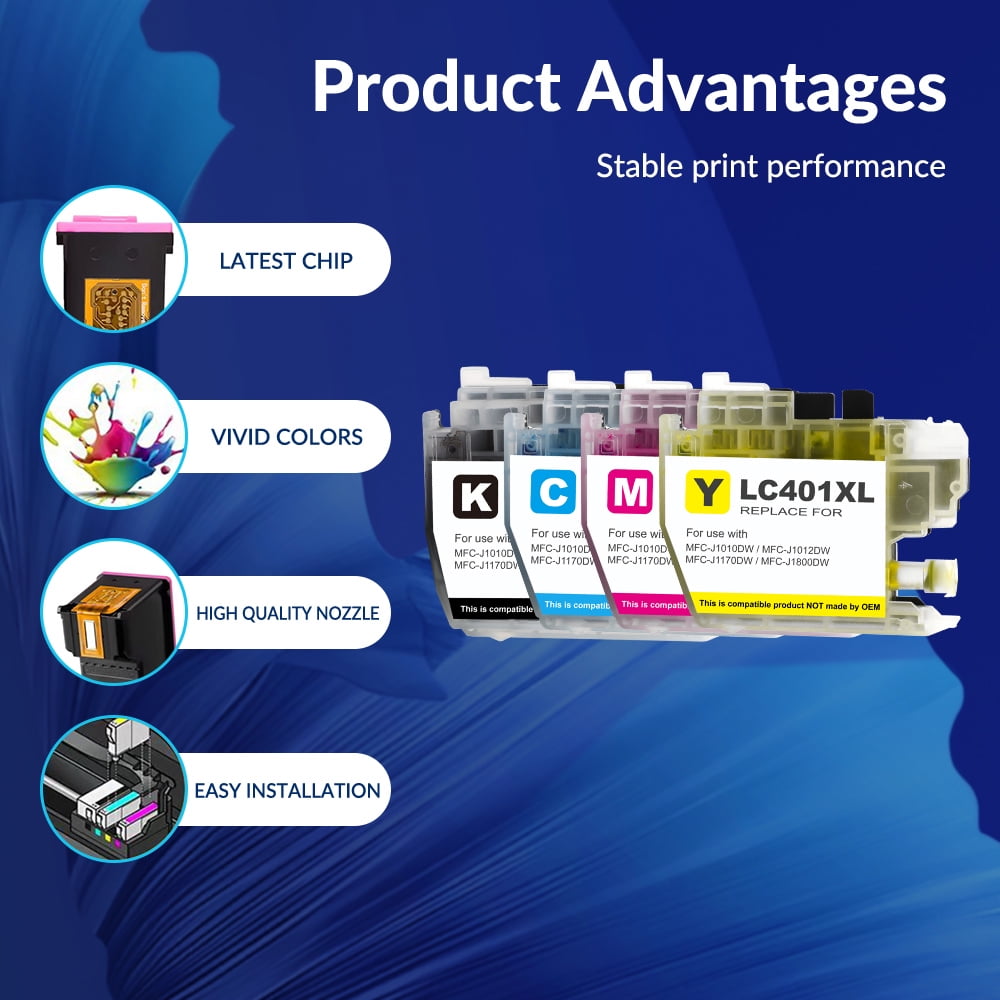 LC401 LC401XL Ink Cartridge for Brother LC401 LC401XL Ink for Brother MFC-J1010DW MFC-J1012DW MFC-J1170DW Printer (Black Cyan Magenta Yellow, 4 Pack)