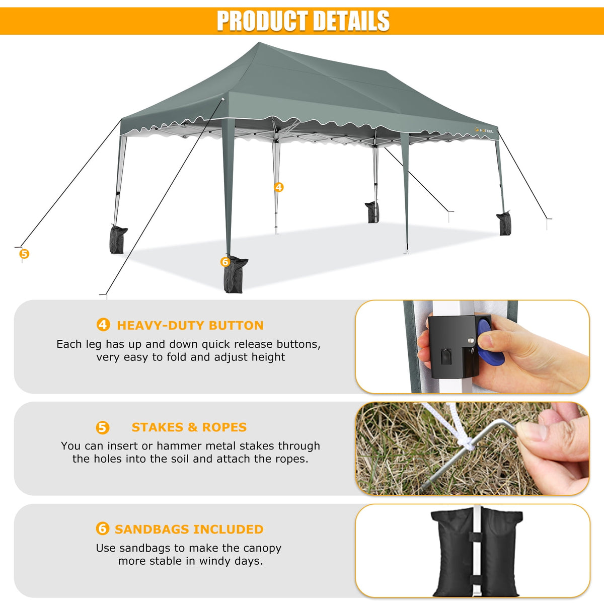 10'x 20' Pop up Canopy Tent, Commercial Heavy Duty Canopy Portable Shelter for Patio Picnic Gazebo Party Wedding, Gray