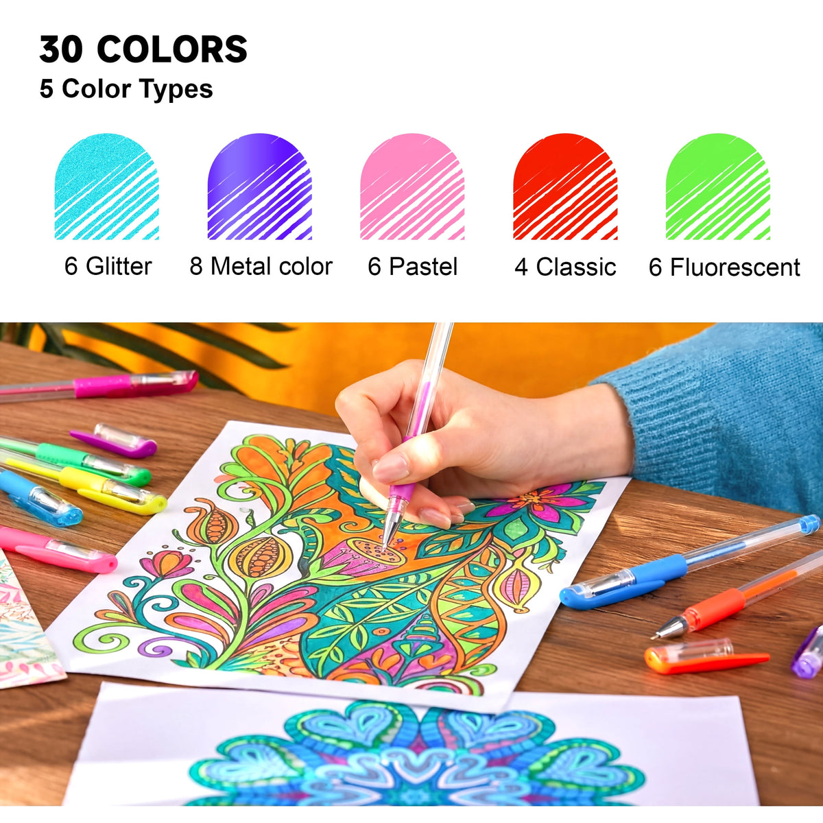 30 Colors Fine Tip Gel Pens Set, 40% More Ink Smooth Colored Gel pen for Adult Coloring Books, Drawing, Journaling & Art Creation