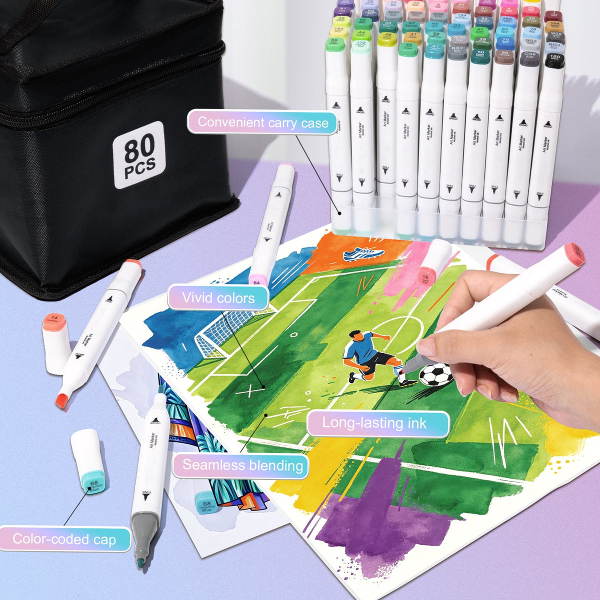 80 Colors Alcohol Markers Dual Tip Art Markers, Brush & Fine Point Pens, Smooth Ink, Safe Non-Toxic for Coloring Drawing Sketching