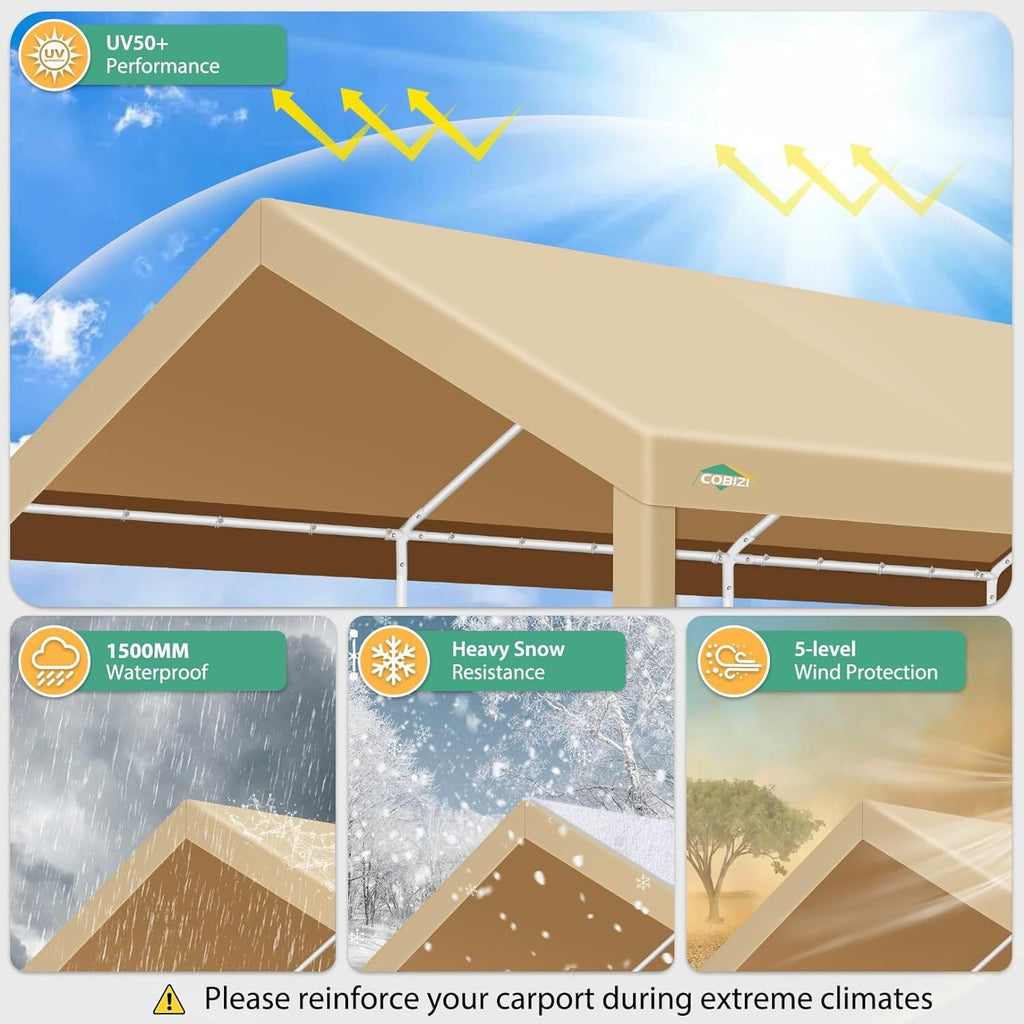 10x20ft Carport Heavy Duty, Portable Car Garage with Built-in Sandbags, Waterproof Car Canopy for Truck, Boat, SUV with All-Season Tarp, Khaki