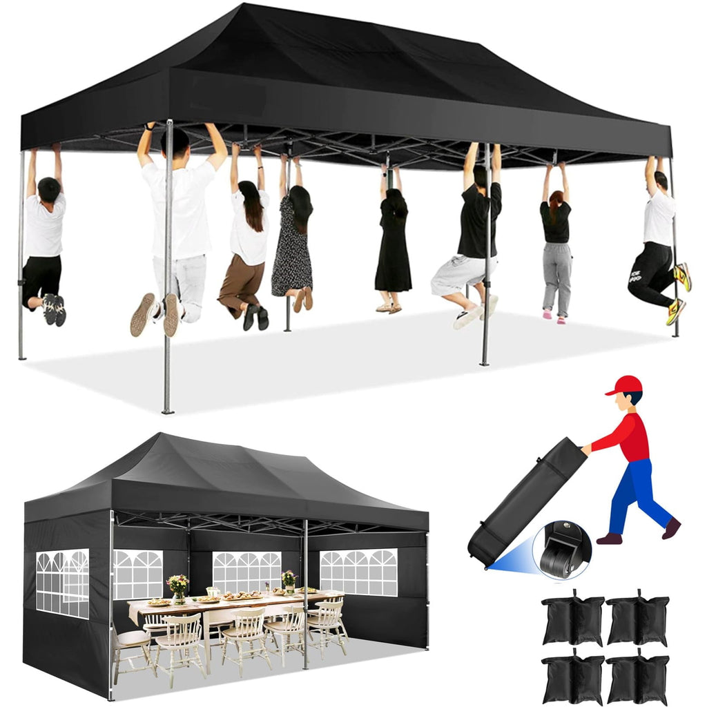 10x20 FT EZ Pop Up Canopy Anti-UV Waterproof Outdoor Tent Portable Party Commercial Instant Canopy Shelter Height Adjustable Tent Gazebo with 6 Removable Sidewalls, 4 Sandbags, Roller Bag