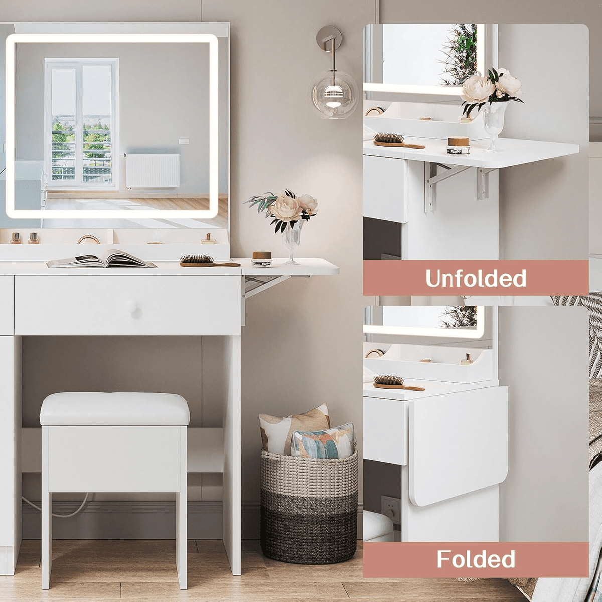 White Vanity Desk with Mirror and Lights, Makeup Vanity with Charging Station and 3 Lighting Modes, Dressing Table Set with Storage Cabinet, Drawers and Chair for Girls Bedroom