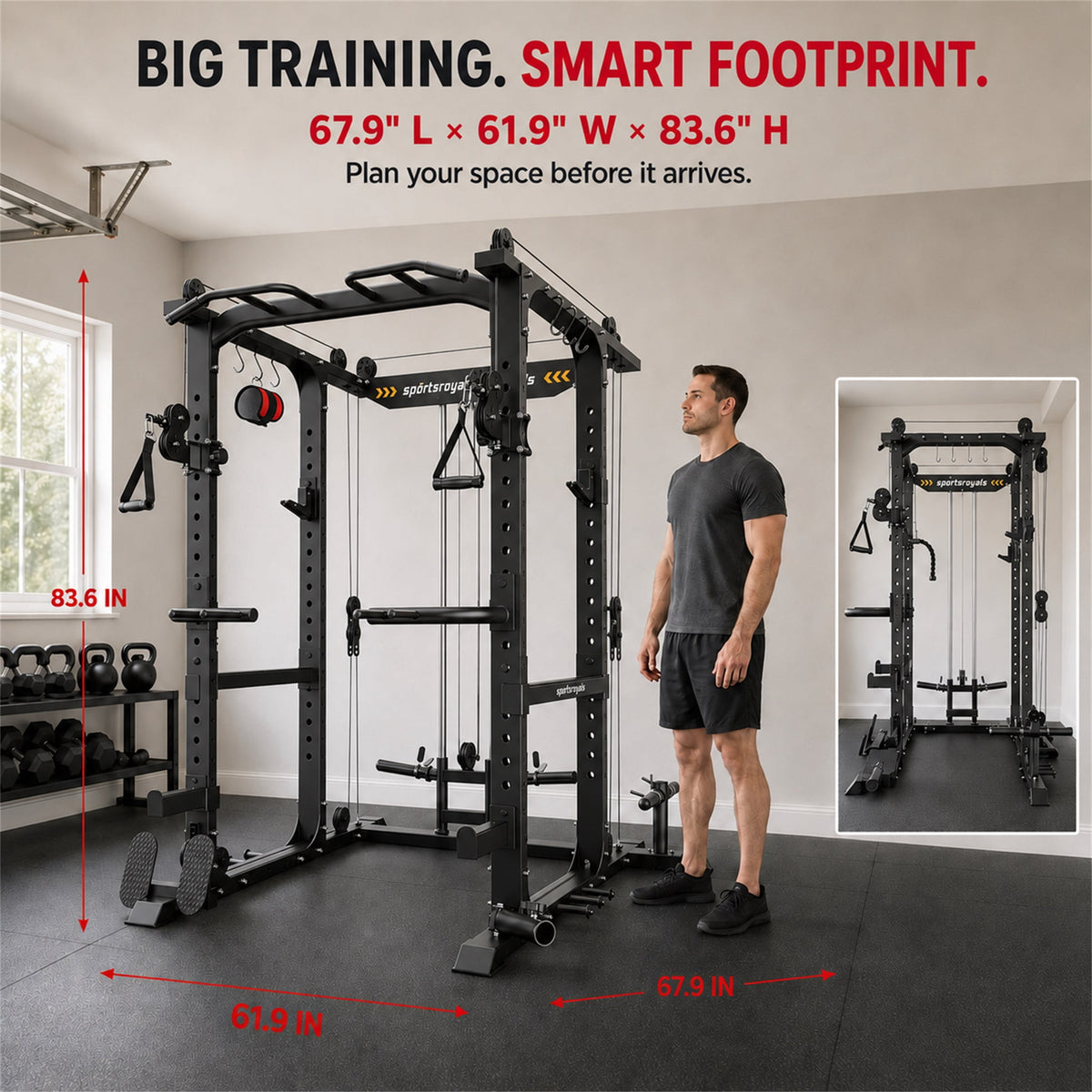 Power Rack, Multi Functional Power Cage with Cable Crossover System, LAT Pulldown, Squat Rack, Pull Up Bar, Dip Station, Home Gym Strength Training Equipment, Black