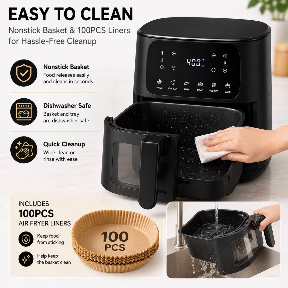 7.5QT Air Fryer, 1600W Large-Capacity Air Fryer with Visible Window, Touchscreen, 6 Cooking Presets, Adjustable Time & Temperature, Nonstick Basket, Black